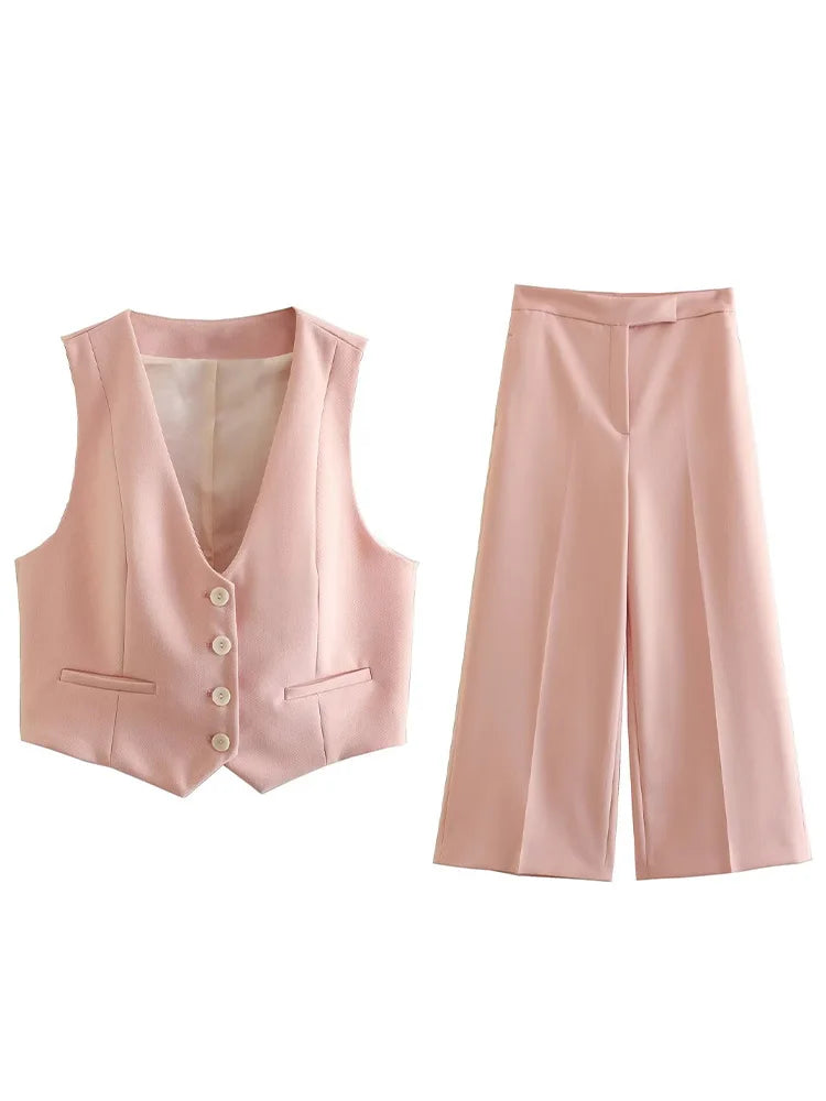 Conjunto Feminino de Alfaiataria Colete e Calça Rosa Claro