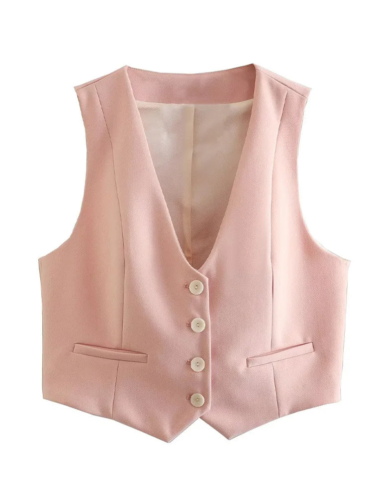 Conjunto Feminino de Alfaiataria Colete e Calça Rosa Claro