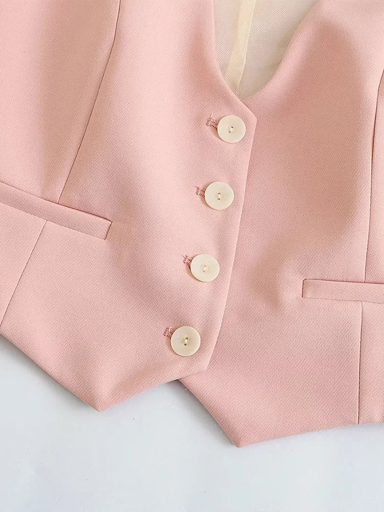 Conjunto Feminino de Alfaiataria Colete e Calça Rosa Claro