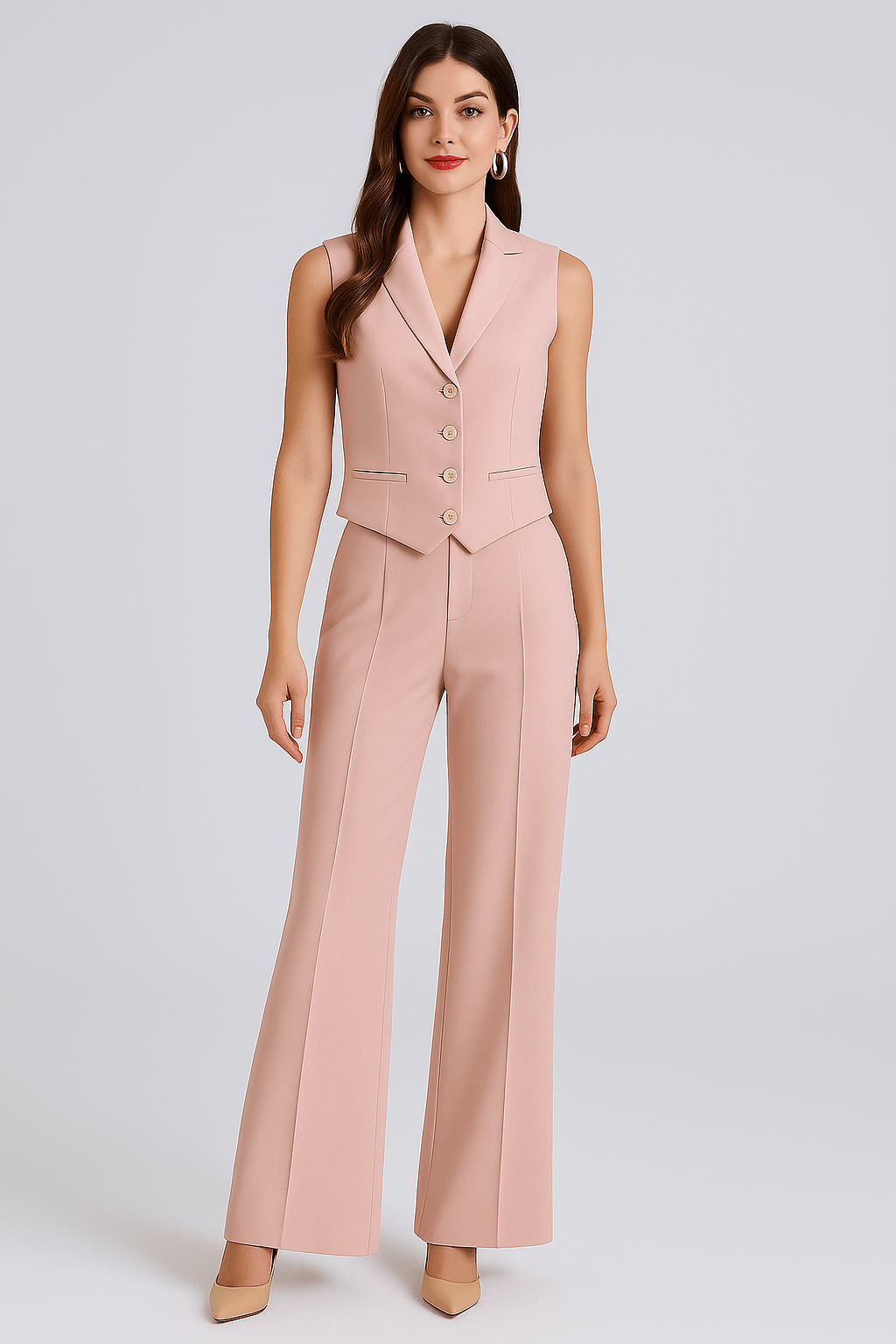 Conjunto Feminino de Alfaiataria Colete e Calça Rosa Claro