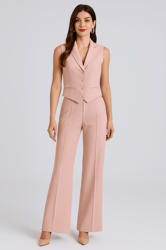Conjunto Feminino de Alfaiataria Colete e Calça Rosa Claro